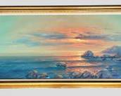 Large Signed Seascape Sunset Gilt Framed 45" Long
