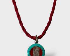 Fine Sterling Silver Nepalese Turquoise Coral Inlay Pendant 18 Inch Silk Chord Statement Necklace
