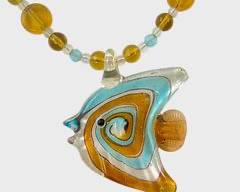 21 Art Glass Bead Statement Necklace chain with Art Glass Fish Pendant
