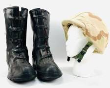 Vintage Military Surplus Set: Desert Camouflage Helmet Size M-8 And Waterproof Black Boots Size 10
