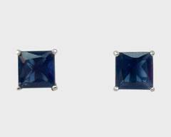 Fine Sterling Silver Princess Cut Blue Gemstone Pierced Earrings
