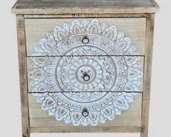 Indian Carved Wood Three Drawer Chest with Mandala Design
