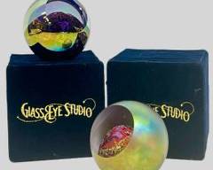 Two Glass Eye Studio Signed GAS Venus and Mars Art Glass Planet Series With Original Box
