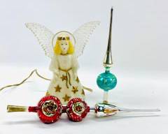 Vintage 1950s Paramount Lighted Angel Tree Topper And German Hand Painted Glass 2 Glass Tree Toppers/Ornaments
