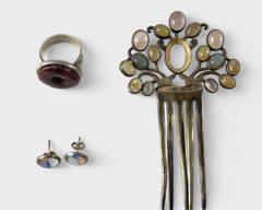44 Grams Fine Sterling Silver Gemstone Hair Comb Accessory Pin, Ring Size 9.25, & Pierced Earrings

