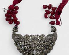 Beautiful Repousse Tribal Peacock Birds Metal Pendant On Threaded Statement Necklace W/ Faceted Gemstones - Needs Repair
