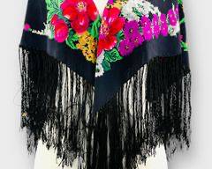 Vintage Floral Paino Shawl with a Vibrant Color Palette and Fringed Edges. One Size
