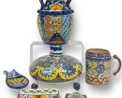 Vintage Hand Painted Mexican Art Pottery Vase, Mug, Vessel, Cross, Butter Dish Lid, and Utensil Rest
