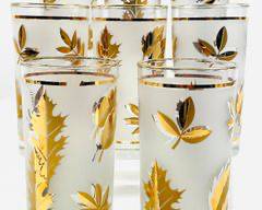 LIBBEY Vintage Gold Leaf Highball Glasses. Frosted Glass With Golden Leaf Design. Set Of Eight. MCM Hollywood Regency Style
