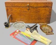 Vintage Smokers Dream lot including Dunhill Shell Pipe Pipe Cleaners, Beech Nut, Wooden Humidor Box, Four Wooden Pipes, two ash trays and a pipe holder
