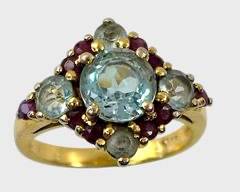Fine Vermeil Sterling Silver Blue Topaz & Garnet Statement Ring Size 6.25
