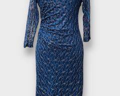 David Meister Navy Blue Lace Midi Dress with Subtle Metallic Accents And 3/4 Sleeves Size 8
