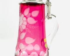 Fine BAVARIA LUDWIGSTHAL Vintage Moser Bohemia Cut to Clear Glass Floral Beer Stein With Lid.
