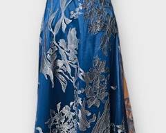 David Meister Stunning Blue and Silver Embroidered Gown with a Flowing Skirt Size 8
