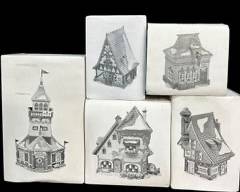 Vintage.Dept 56 Heritage Village Collection Assorted Handpainted Cottage Lot Of 5 Includes: Candy Cane & Peppermint Shop. The Glacier Gazette. Santas Lookout Tower. with Original boxes
