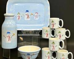 Crate & Barrel Hartstone Handpainted Snowman Stoneware Tray, Bowl, Mugs, and Vase Lot
