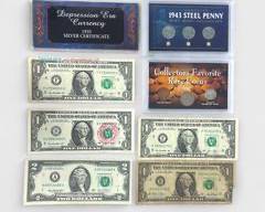 U.S. Banknote & Coin Lot: 1943 Steel Penny, 1935 Depression Era Silver Certificate, 1944 Silver Mercury Dime, Indian Cent, Liberty Nickel, $2 Dollar Bill
