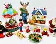 Christmas Holiday Lot Lemax Yuletide Carousel, MANN Black Swan Inn, Santa Wine Holder And Christmas Ornaments
