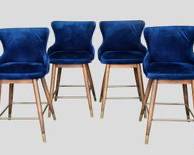 4 Hollywood Regency Style Blue Velvet Channel Back Counter Bar Stools on Wood Legs Brass Ft

