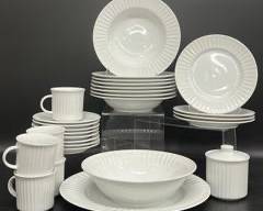  Country White Embossed 3400 China Soup Bowls, Plates, Charger Plate, Saucers, Mugs, and Sugar Bowl With Lid
