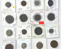 U.S. Coinage: 1865 3 Cent Nickel, 1908 Indian Head, Quarter, Dime, 1854 Large Cents
