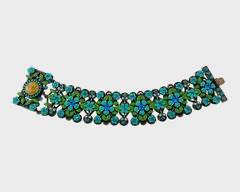 Vintage Michal Negrin Blue & GreenEnamel and Rhinestone Flower Statement Bracelet 7 1/4
