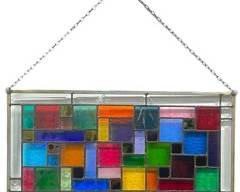 Vintage Mid Century Modern Colorful Color Block Stained Art Glass Sun-catcher Hanging Panel
