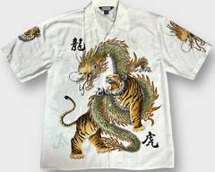 Vintage Million Guy Asian Dragon and Tiger Print Short Sleeve Button Down Shirt Size XXL Men's
