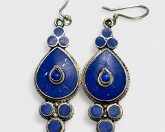 Vintage Lapis Lazuli Stone Drop Dangle Silver Dangle Statement Earrings
