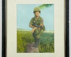 Framed Vintage Military Portrait: A Soldier In Vietnam Era Uniform With M16 Rifle, Set Against A Tropical Backdrop. Ideal For Collectors
