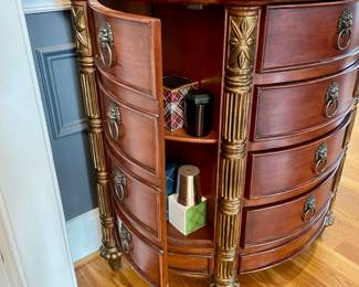 Beautiful Mahogany Side Chest, rounded front, carving and side door closets