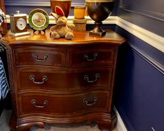 Lovely bedside chests, one of a pair--bow front, beautiful inlay