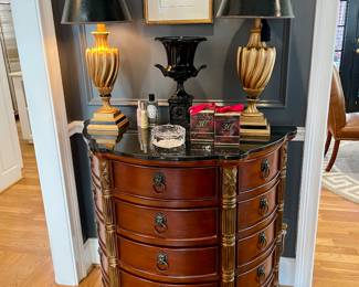 Beautiful Mahogany Side Chest, rounded front, carving and side door closets