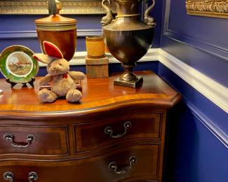 Lovely bedside chests, one of a pair--bow front, beautiful inlay