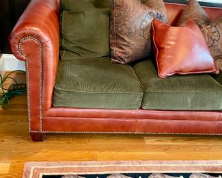 Stylish Ralph Lauren Green Corduroy and leather sofa with pillows, very good condition.