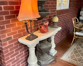 We have a wonderful collection of outdoor furniture, accessories, statues, pots, benches, a Weber grill with copper color steel case, two propane tower heaters and the list goes on and on.