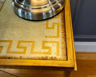 Glass and Iron table with reverse painted glass with Greek key motif