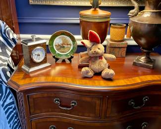 Lovely bedside chests, one of a pair--bow front, beautiful inlay