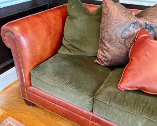 Stylish Ralph Lauren Green Corduroy and leather sofa with pillows, very good condition.