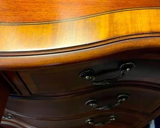 Lovely bedside chests, one of a pair--bow front, beautiful inlay