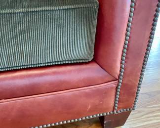Stylish Ralph Lauren Green Corduroy and leather sofa with pillows, very good condition.