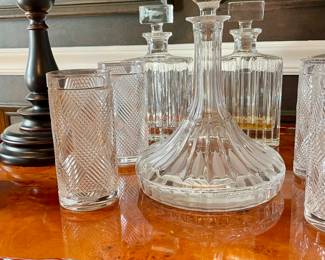 Ralph Lauren Plaid and Houndstooth crystal highball and lowball glasses; beautiful decanters