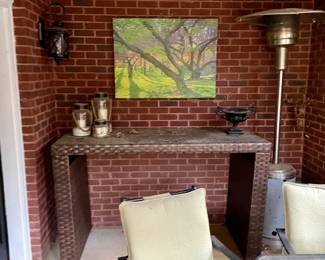 We have a wonderful collection of outdoor furniture, accessories, statues, pots, benches, a Weber grill with copper color steel case, two propane tower heaters and the list goes on and on.