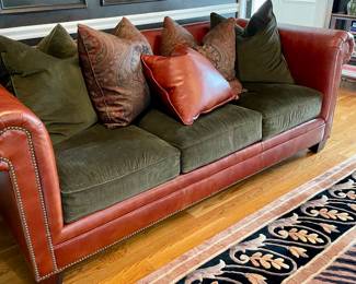 Stylish Ralph Lauren Green Corduroy and leather sofa with pillows, very good condition.