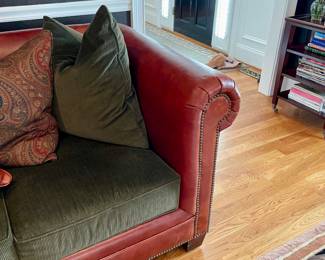 Stylish Ralph Lauren Green Corduroy and leather sofa with pillows, very good condition.