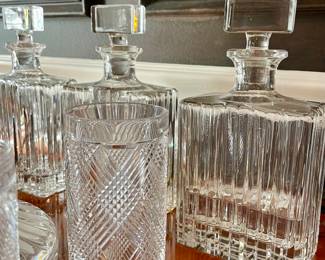 Ralph Lauren Plaid and Houndstooth crystal highball and lowball glasses; beautiful decanters