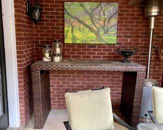 We have a wonderful collection of outdoor furniture, accessories, statues, pots, benches, a Weber grill with copper color steel case, two propane tower heaters and the list goes on and on.