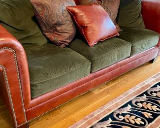 Stylish Ralph Lauren Green Corduroy and leather sofa with pillows, very good condition.