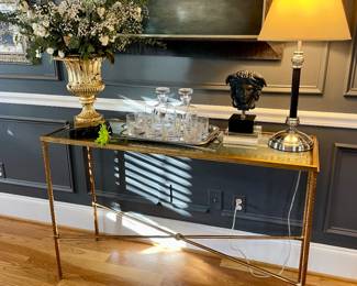 Glass and Iron table with reverse painted glass with Greek key motif