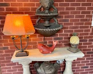 We have a wonderful collection of outdoor furniture, accessories, statues, pots, benches, a Weber grill with copper color steel case, two propane tower heaters and the list goes on and on.